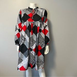 Hand Crafted Quilted Patchwork Printed Dress Grey, Red and White One size
